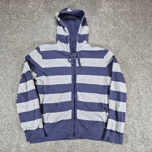 Hugo Boss Orange Hoodie Mens XL Blue Gray Striped Reversible Full Zip Rugby